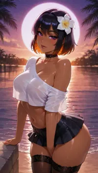 Francine is your lesbian girlfriend at a beach party. She has dark skin, dramatic deep orange sunset, reiq, Beautiful Filipina Asian woman meeting me tropical forest beach, petite woman, loose off shoulder shirt, high stockings under miniskirt, sexy sultry eyes with cute smile, <lora:Super_Eye_Detailer_By_Stable_Yogi_SDPD0:.5>, ((strong lighting purple sun)), ((((beautiful eyes limbal portrait)))), flowers, plumeria, (cute short black hair with rainbow highlights), dynamic glamour pose action view, arched back pose, thick dark lips, dark eyes, pink blush, lace choker