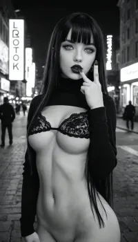 pic, (xbsx, otonoha aika:1.2), huangdanlan, (kotteri), 1girl, solo, black hair, blunt bangs, long hair, white eyes, no pupils, expressionless, black long nails, black lace bra, finger to mouth, piercing, turtleneck compression shirt, long sleeves, gothic, darkness, gloominess, posing, black lips, tongue, half-closed eyes, night, city, (greyscale, monochrome:1.2), middle finger, nude breasts, medium breasts, full body