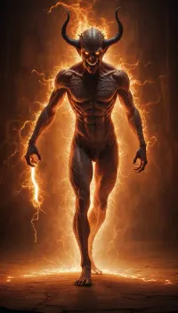 inkwork, mysterious, WHIMSICAL, dark, fantasy, brilliant, ILLUSTRATION, unhinged DEMON, ORANGE LASER_LIGHT_painting