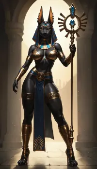 A highly detailed full body oil painting, Anthro-goddess in style of by John Berkey, a jackal-woman in an egyptian anubis-costume, (coalblack skinned), egyptian art, cgsociety contest winner, fantasy art, with bra covered titan-breasts, with beautiful exotic obsidian jewelery, black pyramid, full hd, metart, commission for, an oil on canvas painting, contest winner, figurative art, young woman with long dark, an airbrush abstract figurative art, stargatejackal, claws, gauntlet, staff, huge, breasts, massive, Photorealistic digital painting, intricate details, supreme render, cinematic lighting, 4K quality., <lora:stargateJackal-SDXL:.8>, <lora:Anubis-000002:.8>, <lora:SDXL_MassiveCowsLoRA_v1:.8>, <lora:dark:.8>