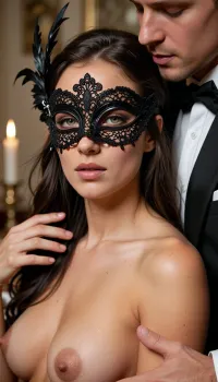 A photorealistic, cinematic portrait of a beautiful stranger wearing a mask in a moment of intimate closeness. She is nude, she has beautiful, natural breasts, from behind, she is tenderly embraced by a companion with short, dark hair and light stubble, wearing a classic tuxedo, he holds her beneath her breasts, his fingers gently enveloping them. She has blue eyes, and her sensual lips are slightly parted.
On her face is a luxurious, Venetian, lace-like, black half-mask, decorated with black feathers on one side, which emphasizes the mystery of her image. In the background, seen in profile, is the interior of an antique room.
Soft, cinematic side lighting creates a deep three-dimensional effect and realistic light-and-shadow contrast, the intimate atmosphere of a secret rendezvous, realism, exquisite detail in the skin, mask, feathers, and fabric, a masterpiece, high resolution, the highest quality