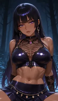 25 year old dark skinned Filipina wife beautiful gorgeous ready for sex, ((dynamic pose portrait)), petite athletic toned firm body, purple goth badass witch, ethereal forest whimsy aesthetic, short nano skirt, goth lace and satin, ((futa))