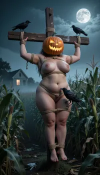(Photorealistic), a woman, fat obese body, bound very high up on a wooden cross-like structure in a dark cornfield, full moon, mist in the corn, styled as a scarecrow. high up in the air. At least 8 feet off the ground. The subject is a nude fat obese bbw woman with huge breasts, Jack o lantern over her head, her body secured with rope to the crossbeams. No hair showing around the Jack o Lantern. Crows perch on the structure—one on her shoulder, the other crow pecks at her vagina with its beak. Her pose is static and restrained, with arms outstretched and legs bound, evoking a sense of vulnerability and sacrifice. The background features a dense field of tall corn stalks and a small farmhouse in the distance.