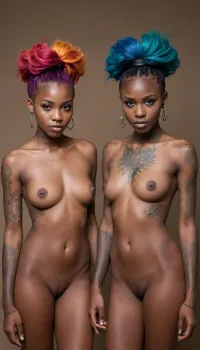 African females, naked, dark skin, lesbian sisters, under 18 years old, pretty faces, full body view, many tattoo, straight colored hair, unusual hairstyles