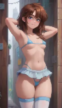 Stylized pixel art, bratty eighteen year old tight bodied girl, toned fit gym body, thick thighs, wide hips, pert round ass, toned stomach, small breasts, with long brown hair, wearing black glasses and a tiny crop top and string thong. She has a playful, cheeky expression, smirking flirtatiously, standing in a, (futuristic city alleyway, at night, lit by, neon light, refelections, rtx), her hands are against the wall and she is being, Her outfit includes knee-high, micro bikini, micro skirt, thigh-high stockings. Retro anime pixel aesthetic, soft halftone shading, vibrant colours, black background, cute and energetic pose — 16-bit inspired sprite style., pixel, art, <lora:ratatatat74-000050:.2>, <lora:outline_xl_kohaku_delta_spv5x:.8>, <lora:cartoon_stickers_xl_v1:1.6>, <lora:NEOTOKIOXL_0.2_RC:1.1>, <lora:pixel_stormXL:1>