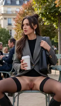 Professional fashion portrait of a sophisticated french woman with shoulder-length brunette hair styled in an elegant updo, wearing a tailored gray wool blazer with notch lapels and double-button closure paired with a black crew-neck top, black dress, black stockings with a polished finish, and sleek black leather knee-high boots. She is sitting with her legs spread apart showing her inner thighs and her exposed pussy. she waers no panties and her pubic hair is neatly trimmed. she wears no panties and her semi-sheer black tights are connected to her garter belt by black straps. She is seated on a vintage metal-framed green park chair, holding a white paper coffee cup in one hand and a structured black leather shoulder bag in the other. The woman has very long, thick, wavy brunette hair in an updo hair bun. She wears dangling pale-coloured earrings and several subtle bracelets or rings. Her face is turned towards the left side of the image as though she is watching something outside the frame. Her lips are slightly parted, and her expression appears alert yet relaxed. She has some freckles. Her makeup includes defined eyebrows, dark eye makeup and a light rose lipstick. She is wearing a delicate gold nose stud with a single diamond. She sits in a outdoors cafe in Paris in late August. Blurred figures are seated or walking on the opposite side. trees with green and golden-brown foliage occupy the background, while part of a large classical building is visible in the upper-left corner. The background is softly focused, giving the scene depth while keeping the woman and her clothing as the main subjects. The setting is an upscale Parisian plaza with classical Haussmann architecture and mature trees visible in warm-toned soft-focus background. Golden hour sunlight creates soft volumetric lighting with gentle shadows. The woman's expression is calm, contemplative, looking to the side. Cinematic editorial fashion photography, professional styling, warm color grading, shallow depth of field, 85mm lens equivalent aesthetic