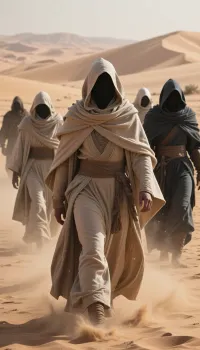cinematic shot of a group of mysterious figures walking through a vast desert, inspired by the aesthetic of Dune, hooded cloaks, heavy fabric draping, face-concealing hoods, faceless, sand-dusted textured robes in shades of beige, sand, and dark charcoal grey, hazy atmosphere, swirling dust particles, desert landscape, soft diffused sunlight, desert planet, ethereal and epic scale, high detail, sharp focus, cinematic lighting, dramatic shadows, wide angle, desert dunes in background, 8k, photorealistic, intricate textures, masterpiece, moody, atmospheric.