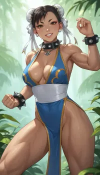 A close-up portrait of Chun Li from calfs up against a backdrop of lush green plains with acient destroyed wall visible in distance under natural lighting conditions during sunset time with warm hues filling up sky, Chun Li is wearing her traditional geisha clothing is adorning long black hair cascading down shoulders framing dark skin tone while full lips parted slightly revealing white teeth as she looks up towards someone off camera with eyes sparkling with joy, traditional geisha face-paint decorating forehead adding contrast against dark complexion, wearing geish-style and spiked-leathercollar around neck holding martial pendant, hands form fists up in offensive fighting stance, body positioned slightly sideways facing camera showing off slender figure with slight feminine curves, swell of her cleavage AND very long muscular legs on her tall tall bodyshape, intricate details visible on face including wrinkles around eyes indicating happy nature, ultra realistic texture visible on skin under 8k UHD resolution, shallow depth of field used for isolating subject from background creating intimate atmosphere, Chun-Li, <lora:chun li:.8>