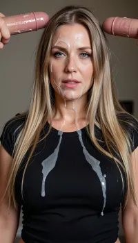 Natural side lighting, frontal view, full-body view. A 35-year-old woman—unattractive, very natural, a stay-at-home mom with coarse facial features and a long, rectangular face, the "ordinary girl-next-door" type, ((ordinary facial beauty:.3)), English-Canadian Caucasian. She has long, straight blonde hair with lighter highlights, parted slightly off-center, framing her long, rectangular face and falling onto her shoulders. Her hair features lighter streaks, giving it a natural look. She has fair skin with scattered imperfections, particularly visible on her large cheeks. Her sensual, striking light-blue eyes look directly into the lens, with small bags underneath, the eyes are slightly squinted, conveying an air of relaxed attentiveness, and are positioned high on her face. Her nose is straight and slender.
Her eyebrows are well-defined and a natural light-brown shade. Her mouth is slightly parted, revealing her teeth, and her lips are full and soft pink. Subtle makeup is visible, including a bit of blush and perhaps a light touch of eyeshadow.
She is wearing a fitted black short-sleeved tank top.

She is at a healthy weight but has very generous, voluptuous curves, her opulent hourglass figure is prominently displayed, highlighting her round, full breasts and wide, generous hips.

Her face is completely covered in an excessive amount of realistic, semi-transparent semen, A massive, milky ejaculation onto her face, (ejaculation on her face), (her face covered in thick semen), (thick, viscous semen all over her face:5.2), an abundance of semen on her forehead and in her hair, with an excessive amount of realistic, semi-transparent, viscous semen running down her face and hair, her hair is soaked with semen from multiple, excessive bukkake sessions involving 50 men, with the fluid running down onto the chest area of ​​her black tank top. Large patches of milky semen in her hair, on her face, and on her body. She remains passive, not touching the penis and simply receiving all the semen.

On either side of the young woman, two large, realistic, and highly detailed penises—extending into the frame—ejaculate massively, splashing semen into her hair and onto her face, a vast, excessive quantity of milky semen.