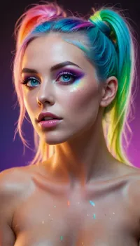 spirit being, ((rainbow skin)), rainbow light, rainbow body, (glowing body), full body pictureluminous glow, beautiful rave girls kissing an enormous magical aliens, freckles, glowing tattoos, glamour photography, high key photo, blonde and blue hair bimbo, blue eyes, looking at viewer, messy buns, slender body, (masterpiece, best quality), perfect illumination, (best shadow), 32K, UHD, sharp image, (best illumination), crystal clear image, best quality, ultra-detailed, fine detail, high res, highest quality, 8k wallpaper, high definition, ((highly detailed face), (ultra-detailed face)), Neon style, futuristic, Super heo glow, UV LOVers, Blacklight style lighting, dark whole body view composition, vivid, stunning design, high resolution