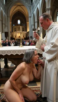 A large cathedral. Fixed camera. View from behind the altar. A priest in his 60s is giving communion. On the other side of the altar, the congregation is watching. The priest raises the chalice.

Beneath the altar, a nude aged woman, (70 years old:1.8), . Her skin is that of a 70-year-old woman. The old lady has grey hair, (Small, long, and very saggy breasts:1.8), ((very detailed skin)), . hair is cut in a bob is kneeling. Her small, saggy tits, ((huge breasts)), hang free. The woman is under the altar table. The congregation cannot see the woman.

The obese priest's penis, ((cock)), sticks out from his robes., ((Erection)), . The woman is sucking the priest’s penis. The priest has a huge erect penis, ((erection)), sticking out from his robes. The woman is sucking it enthusiastically., ((Blowjob)), The priest ignores the woman and continues to bless the chalice.