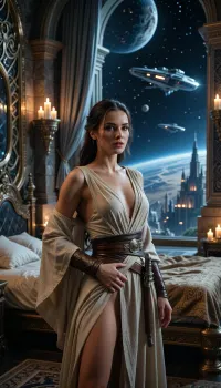 An ultra cinematic photorealistic space opera scene in a distant galaxy, an enormous palatial bedroom inside an ancient futuristic castle on a remote planet, dramatic architecture combining carved stone, elegant metallic structures, flowing fabrics and subtle advanced technology, warm candlelight flickering across the room, deep atmospheric shadows, rich contrast, and a luxurious intimate mood, in the center and absolute foreground stands a female Jedi warrior, 28 years old, athletic elegant figure, not in combat mode but entirely in a state of seduction, wearing a refined flowing Jedi toga with layered fabric, delicate folds, premium woven textures and subtle leather elements, a lightsaber hanging naturally from her belt rather than held in her hand, her hands resting at her belt and toga as she slowly opens the costume in a deeply seductive gesture, allowing the fabric to slide down over her shoulders and sensually reveal her upper body, her pose confident, graceful and irresistibly alluring, her face in perfect razor sharp focus with extraordinary detail, breathtaking beauty, realistic skin texture, visible pores, subtle natural sheen, fine facial structure, detailed irises, crisp eyelashes, delicate lips, highly nuanced expression and intensely seductive eye contact directed straight toward the viewpoint, her long hair rendered with individual strands and soft luminous depth, she is the absolute focal point of the image with maximum clarity and micro detail, every skin texture, fabric weave, seam, fold and belt detail rendered at the highest possible quality, behind her an enormous palace window opens toward an alien night sky filled with distant stars, glowing moons and atmospheric haze, several spacecraft cross the sky at different depths, among them the Millennium Falcon flying clearly past the window, realistic scale and perspective, subtle reflections of candlelight shimmering in the glass, the room remains intimate despite the grand galactic backdrop, premium full frame cinematic realism, shallow depth of field used carefully so the Jedi woman remains in perfect focus while the environment stays richly legible and atmospheric, deep blacks, warm amber candle highlights, cool blue planetary night tones, strong tonal separation, subtle analog film grain, masterpiece quality, she maintains unwavering seductive eye contact and a controlled sensual body language, her lips move with perfect natural synchronization as she softly says in English, "May the Force be with you"