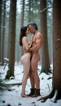 Sexy skinny woman embracing older beared man, Into the woods but sexy, snow white embracing the woodsman, bare feet, nude, large, breasts, big, boobs, huge, tits, <lora:MJ52:.4>, <lora:bombshell_v2:.1>