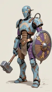 fantasy art, illustration, line art, color drawing, humanoid medieval fantasy robot made from wood, copper and iron, arcene glowing runes carved in the robot, holding a large mallet like warhammer, a round cog like shield strapped to the left arm of the robot, old battered and worn robot, painted in pale blue and purple colors, paint worn and chipped