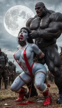 (vampirella:1.32), ((Vampirella is a tall, pale woman with a mane of raven-black hair and green eyes. Her look is that of a skimpy, red sling bathing suit barely covering her nipples and genitalia, with a golden bat emblem over the crotch. She wears an upturned white collar at her neck, long, high-heeled black boots, and a golden bracelet on one arm)), female drow elf barbarian, (blue skin:1.82), tall, angry, busty, curvy, thin waist, big boobs, big butt, slim, fit, vitiligo, strong, fur pelt armor, dungeons and dragons, purplish blue skin, black and purple hair, Dark, Elf, Warrior, Drow, tattooed, scarred, purple eyes, blue skin, amazon, giant, fur barbarian armor, bloody, blood spatter, bear, bear heart, (in a bloody filed after a battle, white full moon in the sky:1.4), (man is choking her from behind:1.2), ((hogtied, bound with large chains, crucified to a torture table, spikes through hands:1.3)), (torture:1.32), (large sharp sword in anus:1.12), cock in mouth, (brutal face fuck), Blowjob, (tears in eyes:1.5), (running makeup), (cum drips from nose:1.3), (cum drips from mouth:1.3), ultra hd, photorealistic, hyper gigantic large black cock in mouth, (((hyper gigantic large black cock in mouth:1.3))), gangbang, double anal penetration, anal spitroast, groupsex, deepthroat, (4 gigantic African black brute thug, huge trunklike arms, huge head, hyper muscular body, dressed in slave clothes:1.32), ((hogtied, bound for sex, tied up)), (((hyper gigantic large white cock in mouth:1.3))), (pulled nipples:1.2), nipple clamps, (((spitroast))), (((hyper large cock in mouth:1.3))), screaming, shocked, deep anal penetration, Uber realistic, 8k, ultra detailed, masterpiece, arched back, detailxl, 35mm photograph, film, professional, 4k, 1girl, 5 boys, hdr, photographic, ultra realistic, ultra high details, back light, (front view), (dynamic pose), best quality, incredibly lean body, anal sex, with large muscular black men, gargantuan black cocks, large hyper muscular fat old men, (double anal sex), swollen white veiny cocks, (double anal penetration), hardcore double penetration, proper physics, big white cocks, muscular white double anal gangbang, (forceful penetrations), extremely graphic, beautiful hands, defeating a woman in combat, fighting, killing, blood, winning fight, magazine cover, Realism_Quality_2xx_By_Stable_Yogi, score_9, score_8_up, score_7_up, (((very pretty face:1.3))), (((extremely ultra detailed face:1.3))), perfect fingers and hands, upper body view, (extreme size difference:1.6), (ultra realistic), (maximum quality), (high resolution), (extreme detail), (ultra realism), UHD, super high quality, highly detailed, high resolution, perfect lighting, natural lighting, (dynamic angle), (random angle), (random pose), (dynamic view), (random view), golden hour, rich details, nature-inspired color palette, <lora:Dark_Elf_Warrior:2>, <lora:Drow:2>, <lora:zavy-brbrn-sdxl:2>, <lora:LCMTurboMix_Euler_A_fix:2>