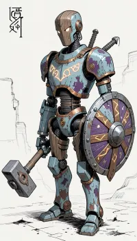 fantasy art, illustration, line art, black and white drawing, sketch, humanoid medieval fantasy robot made from wood, copper and iron, arcene glowing runes carved in the robot, holding a large mallet like warhammer, a round cog like shield strapped to the left arm of the robot, old battered and worn robot, painted in pale blue and purple colors, paint worn and chipped