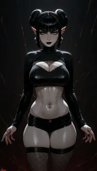 Naked gothic woman with cool porcelain-gray skin, curvy physique, narrow defined waist, broad rounded hips, thick thighs, long shapely legs, full bust, delicate, symmetrical, slightly angular face, high cheekbones, small refined nose, softly pointed chin, pale gray eyes with a subtle reddish glow around the irises, heavy smoky black and gray eye makeup, dark lashes, thin sharply shaped eyebrows, matte black lipstick, (nose bridge piercing, dimple piercings), elongated pointed ears, several subtle silver piercings, jet-black hair, short sleek bob with two messy buns, blunt bangs across the forehead, longer messy strands and spiky side sections flaring outward around her ears, (deep charcoal-black skin gradient, fading gradually into the lighter gray skin of her chest and torso), hands and forearms are similarly darkened, creating an almost supernatural shadow-dipped appearance, small jeweled navel piercing with a dark red gemstone, extremely long fingers, sharply pointed black pointy nails, wearing several thin silver rings, modern streetwear clothing, fishnet tights, short spiderweb pattern sheer top with long sleeves, bands with spikes around thighs, dark shorts, incase, style, dark environment, darkness, edge lighting, gothic, <lora:Incase_Style__SDXL:1>