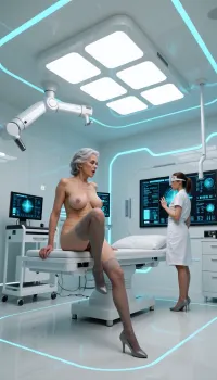 Nacked, grey elderly great-granny 90yo Bucklige wrinkeld, unfit, lüstern, moan, Natural Saggy limp tits, hockt mit der haarigen Pussy auf einem Penis, Classic stockings, High-heeled shoes, crempie
A futuristic operating room, predominantly white and light blue, is depicted with a low-angle perspective. In the foreground, a sleek, modern operating table with a white mattress and pillows is positioned centrally. Overhead, multiple square LED lights illuminate the scene with a cool, bright glow. To the left, a robotic surgical arm extends from the ceiling, its metallic white surface gleaming. Multiple monitors display glowing cyan medical data and diagrams on the walls and on a medical cart next to the operating table. In the mid-ground to the right, a woman with brown hair, appearing to be of East Asian descent and in her late 20s or early 30s, stands facing away from the viewer, wearing a white medical uniform and a clear face shield. She is standing next to a monitor displaying complex medical information, her right hand extended as if interacting with the screen. Thin, glowing cyan lines form a grid on the floor, adding to the high-tech ambiance. The overall atmosphere is sterile, advanced, and clinical, with a sense of quiet efficiency.