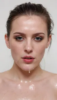 An avant-garde fashion photography piece capturing the aftermath of intense intimacy. The subject is a 20 years old woman with a striking, architectural indie hairstyle, now messy and wet. The composition focuses on the visceral contrast between high-fashion elegance and raw chaos. Thick, sculptural splashes of iridescent white fluid cover her face and mouth, contrasting with her pale skin. Her makeup is a disaster of smeared messy kohl and melting messy lipstick, blending into the wetness of her skin. The mood is decadent and exhausted. High contrast, stark white background, shot in the style of Helmut Newton. Sharp focus on the textures of the fluid and the dampness of the skin. Vogue editorial, stark lighting, monochromatic tones with a pop of saturated red.hidden smirk of joy.