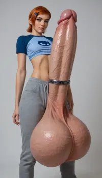 Gwen Tennyson, shemale, solo, massive huge hard hyper cock, (massive huge swollen balls:1.3), gigantic bulge, grey sweatpants, super close up on penis, standing up, dick pic, cock rings, piercings, gwen, tennyson, (/Ben10), /, (ultra, HD, quality, details), bright, orange, hair, short, (green, eyes), <lora:Gwen Tennyson (Ben10) - XL SCXL V1.0:.8>