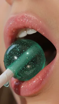 An extreme candid macro photograph focusing on the slightly parted lips of a person holding a green lollipop, captured with natural lighting and an incredibly shallow depth of field.
The lips are slightly open and natural, coated in a glossy, sheer rosy-pink/coral lip gloss filled with abundant, tiny, shimmering iridescent and silver glitter that catches the light. Natural lip creases, texture, and moisture are highly visible, as is the skin surrounding the mouth, featuring visible pores, fine lines, and natural, soft facial peach fuzz, (lanugo hair), along the upper lip, mouth corners, and chin, reflecting natural, unretouched beauty photography. Only the faint, out-of-focus edge of the upper teeth is visible inside the dark, slightly open mouth.
Gently held and bitten between the lips is a round, translucent forest-green lollipop, which is the sharpest focus of the shot. The candy has a wet, sugary, and uneven texture, densely packed with microscopic air bubbles, speckles, and glittering particles beneath its glistening, saliva-coated surface. A bright, natural specular highlight reflects on the upper-left curve of the candy. It is attached to a thin, matte white stick extending downward and slightly to the left, with small, messy translucent green candy drips visible where the stick meets the candy.
The camera is positioned closely, capturing the image at a slight angle. The lighting is soft and natural, coming from the top-left, illuminating the wet, sparkling textures of both the candy and the glossy lips while casting subtle shadows in the corners of the mouth. The background and the outer edges of the face fade into a soft, out-of-focus blur, enhancing the raw, intimate quality of the macro shot. Focus is exceptionally sharp on the forward-facing curves of the lips and the center of the lollipop, highlighting grain-level and pore-level details.