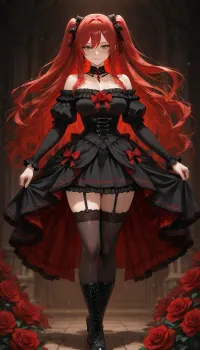 A stunning anime girl with long flowing crimson-red hair cascading behind her, a large red rose and black ribbon in her hair, bright green eyes, highly detailed face, intricate facial features, large detailed green eyes with catchlights and defined eyelashes, delicate nose and lips, subtle blush, refined facial structure, sharp focus on the face, beautiful detailed skin, and a confident slight smile. She wears a white off-shoulder blouse, with puffy ruffled sleeves and red ribbon bows, a black laced underbust corset decorated with red roses and dangling gold chains, a black high-low gothic skirt with a vivid red underside, black garter straps, sheer black thigh-high stockings, and black lace-up boots. A black choker is around her neck.
walking head held high., <lora:victorian_dress-XL-2.0:1>, <lora:Fiona-000009:.8>