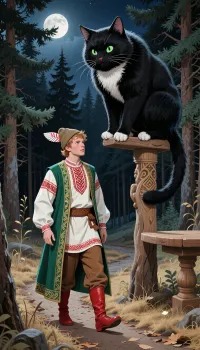 A highly detailed, realistic illustration in the style of a Russian folk tale, a digital painting with the softness of watercolor. A dense, dark coniferous forest, nighttime, a full moon, a path strewn with dry pine needles. A young, fair-haired, beardless man walks along the path, dressed in rich Old Russian attire, a long, sleeveless, emerald-green caftan with gold embroidery over a white shirt with red embroidery, brown pants, red boots, and a hat with a feather. Near the path stands a tall, carved wooden post. Perched atop the pole is a giant, well-fed black cat with white fur on its chest and bright green eyes with vertical pupils. The cat is staring intently at the traveler. The cold light of the full moon, the high level of detail in the fur and fabric of the clothing—a professional folklore illustration.