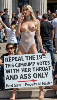 (1_girl), beautiful 30 year old tall thin supermodel blonde head slave at repeal the 19th rally, smoking hot elegant blonde woman with perfect supermodel face, long silky blonde hair, very thin athletic body, small perky 32B breasts, wearing a sheer white micro dress that is completely see-through, heavy engraved steel slave collar, elegant high heels, standing proudly yet submissively on the crowded courthouse steps during daytime protest, holding a large white sign that reads “REPEAL THE 19TH — THIS CUMDUMP VOTES WITH HER THROAT AND ASS ONLY — Head Slave — Property of Master”, sign arrow pointing at her exposed shaved pussy under the sheer dress, small perky tits visible through fabric, nipples hard, elegant face with slutty makeup and slight blush, crowd in background cheering, bright daylight, (public humiliation and pride), (elegant yet degraded gorean slave), detailed skin, realistic textures, aroused expression
