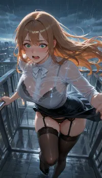 masterpiece, highest quality, ultra-high resolution, high resolution, photorealism, high quality, ultra-realism, 8k, HDR, ultra-detailed, perfect lighting, outdoors, the city in the evening, dark clouds, heavy rain, (strong wind), windy, late evening, big rooftop observation deck, viewer's hand holding phone in foreground, 20-year-old girl, medium-length light brown hair, gray-blue-green eyes, perfect body, wearing a white tight shirt, losse black skirt above the knee lengths, black high heels, wind blew the skirt up, revealing black panties and black stockings with beautiful lace tops pulled high up to the buttocks, garter belt, beautiful lace bra visible through the wet blouse, sheer wet white tight shirt, running to escape the rain, trying to pull the skirt down, dynamic pose, in motion, wet hair, wet body, soaked clothes, (shocked, embarrassed face), blushed, detailed face, detailed eyes, intricate detail, full-body view, hvrn, heavy, rain, (SuperQuality:1), (SuperQuality:1.2), soakingwetclothes, front_view, POV shot, first-person perspective, full_body, <lora:Heavy_Rain_XL-000008:1.5>, <lora:SDXL high detailed. LoRA_SDXL_ARW_0010:1.6>, <lora:detailed_notrigger:1.2>, <lora:soakingwetclothesXL:1>, <lora:VnC_beta:.8>