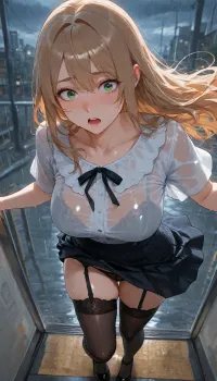 masterpiece, highest quality, ultra-high resolution, high resolution, photorealism, high quality, ultra-realism, 8k, HDR, ultra-detailed, perfect lighting, dark clouds, heavy rain, (strong wind), windy, late evening, empty city ​​street, 20-year-old girl, medium-length light brown hair, gray-blue-green eyes, perfect body, wearing a white tight simple blouse, losse black skirt above the knee lengths, black high heels, running to a public transport stop, (runing from rain), in the foreground, a man's hand holds a phone and takes a picture of a girl, the photo of the girl is visible on the phone screen., ((wind blew the skirt up)), revealing black panties garter belt and black stockings with beautiful lace tops pulled high up to the buttocks, ((high up stockings lace under the buttocs)), beautiful lace bra visible through the wet blouse, sheer wet white tight blouse, ((trying to pull the skirt down)), tries to adjust her skirt, dynamic pose, in motion, wet hair, wet body, soaked clothes, (shocked, indignant, embarrassed face), blushed, detailed face, detailed eyes, intricate detail, hvrn, heavy, rain, (SuperQuality:1), (SuperQuality:1.2), soakingwetclothes, wide_view, <lora:Heavy_Rain_XL-000008:1.5>, <lora:SDXL high detailed. LoRA_SDXL_ARW_0010:1.8>, <lora:detailed_notrigger:1.6>, <lora:soakingwetclothesXL:1.2>, front side view, high angle, wide_angle, full_body, comp_left, d_medium, <lora:VnC_beta:.8>