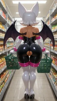 Rouge the bat from the Sonic the hedgehog, antrho, (Very detailed Rouge the bat face), Rouge the bat is wearing her outfit, (Rouge wears a black bodysuit which includes a skin-tight and strapless low-cut unitard that sports a pink and heart-shaped chestplate outlined with thin white-trimming. She also wears elbow-length white gloves and thigh-high high-heeled boots with pink cuffs to match them, with the latter featuring both gray soles and heels, along with steel toes in the appearance of pink hearts, matching her leotard's chestplate. body), in a supermarket, Rouge the bat is standing, Rouge the bat is holding a supermarket basket in her hand, Rouge the bat outfit is ripped on the bottom so that her ass and vagina are visible, (vagina), (shaved pussy), back view, she is looking at viewer, smiling, masterpiece, professional image, very detailed image, 4K image