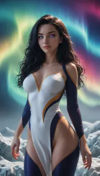 (aurora borealis skincolor:1.6), (aurora borealis bodycolor:1.6), tall, slender, medium size breasts, long floating etheral hair, (luminous galaxy eyes:1.4), (darkest night:1.2), iceberg, faint smile