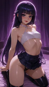 Melkor mancin meet markgavatino style, (((big bright anime eyes))), solo woman, very cute Anime kawaii slut ready to fuck, white halter top, skirt, Dark Purple eyeliner, long eye lashes, red lipstick, 25 years old cutie, warm strong lighting, thick long boots, petite muscular toned body, sultry smile, French braid hair with bows clips and flowers, ((supermodel showing off body, arched back showing off panties)), night lounge purple room