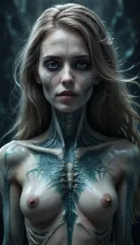 A stylized comic book illustration of Hel, the Norse goddess of death. Her body is split vertically down the middle, one half is a beautiful, pale living woman with long hair and a white iris, while the other half reveals her underlying skeleton, showing a detailed skull, neck vertebrae, and ribs. The background is a dark, mystical cosmic void filled with subtle stardust and a deep teal color palette. Fineline ink textures, clean line art, and a moody, monochromatic blue and green aesthetic., <lora:Dark_Futuristic_Circuit_Boards:1.5>, <lora:holoportraitv1:.8>, skeleton, <lora:sdxlSkeletonLora:.8>