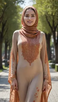sharp clear illustration, finely drawing, hyperrealistic hejab muslimah, hyper detailed face, dreamy eyes, honest smile, smooth plain kaftan dress, detailed soft fabric in a shaping the nude body, scarf, AA cup size loose breasts, braless, parted legs, wide angle, volumetric natural shadow, dutch angle, two thirds body view, outdoor, public spaces, in the style of Yayoi Kusama