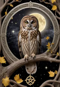 Tarot Card Style, starry background, black background, moon in background, tawny owl, wide yellow eyes, sitting on oak tree branch, silver pentagram at bottom, sparkle, border gold celtic knot, serchbythol above masterpiece, official art, <lora:DUSK_XL_TAROTCARD_dadapt_cos_5e4:.8>