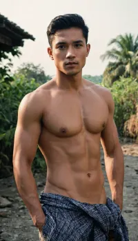 A man, 25 years old, Malay, handsome, mesomorph body type with chiseled chest, light skin, short black hair, shirtless, bodies glisten with sweat.

He is wearing a checkered sarong.

Striking confident poses.

In the village, on a sunny day.