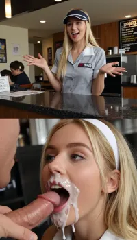 score_9, score_8_up, score_7_up, absurd_res, hi_res, Photorealistic vertical split-screen, top half and bottom half completely independent.

TOP HALF, Young blonde woman with visor and grey uniform standing behind a counter, exact same framing as the top reference. She is alone. She behaves actively and energetically, smiles flirty, gestures with her hands, shifts her weight, leans closer to the camera while speaking, and makes lively natural head and shoulder movements. She looks at the camera and speaks energetically with playful pauses in a teasing voice, “Em… I’ve got a 5-minute break right now… Any ideas what we can do? M?…” Only her voice is heard. Soft natural breathing. Moderately busy cafe background sounds with distant voices. No oral actions, no cock, no cum on the top half.

BOTTOM HALF, Close-up of the same young blonde woman. Her face, lips and chin are covered with thick white cum from the first frame and the cum stays on her face the entire time. A man’s hand rhythmically strokes a thick hard cock. She greedily sucks the cock, looking at the camera with a happy pleasure expression, moving her mouth on the cock and smearing the cum. No speaking, no dialogue, only soft wet sucking sounds and her quiet pleasure breathing. No counter, no uniform visor actions.

Top half = active flirty gesturing, leaning closer, energetic monologue. Bottom half = only continuous blowjob with permanent cum and pleasure. The two halves never exchange actions, faces, or sound. Strict real-time normal speed.

Pure visual video, absolutely no subtitles, no text, no captions.