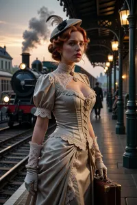 A photorealistic, cinematic scene set at the twilight of the Belle Époque, early 1910s. A young busty redhead woman stands on an elegant railway platform at dusk, embodying the end of an age of luxury, refinement, and quiet certainty. She is the clear focal point of the image, dressed in a historically inspired Belle Époque outfit, a graceful high-fashion travel dress with a corseted silhouette, fine lace details, soft silk and velvet textures, elegant gloves, and a tasteful feathered hat. She holds a small suitcase or travel bag, suggesting departure and transition.

Her expression is filled with melancholy and hope, as if she is leaving one world behind and stepping toward an uncertain future. Her pose is poised and graceful, but emotionally resonant, conveying gentle sorrow for the past and anticipation of change. She glances slightly back over her shoulder, as if taking one last look at the world she is leaving behind.

Behind her, an elegant early-20th-century train station glows in the warm light of sunset and gas lamps. A steam locomotive waits nearby, with soft smoke drifting into the air. Iron-and-glass station architecture, polished platform details, and subtle traces of other travelers create an authentic historical setting without distracting from the heroine. The atmosphere is nostalgic, intimate, wistful, and refined.

Highly detailed, photorealistic, competition-quality image, realistic skin texture, lifelike eyes, soft cinematic lighting, warm dusk glow, historical accuracy, elegant composition, emotional storytelling, shallow depth of field, refined Belle Époque mood