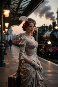 A photorealistic, cinematic scene set at the twilight of the Belle Époque, early 1910s. A young busty redhead woman stands on an elegant railway platform at dusk, embodying the end of an age of luxury, refinement, and quiet certainty. She is the clear focal point of the image, dressed in a historically inspired Belle Époque outfit, a graceful high-fashion travel dress with a corseted silhouette, fine lace details, soft silk and velvet textures, elegant gloves, and a tasteful feathered hat. She holds a small suitcase or travel bag, suggesting departure and transition.

Her expression is filled with melancholy and hope, as if she is leaving one world behind and stepping toward an uncertain future. Her pose is poised and graceful, but emotionally resonant, conveying gentle sorrow for the past and anticipation of change. She glances slightly back over her shoulder, as if taking one last look at the world she is leaving behind.

Behind her, an elegant early-20th-century train station glows in the warm light of sunset and gas lamps. A steam locomotive waits nearby, with soft smoke drifting into the air. Iron-and-glass station architecture, polished platform details, and subtle traces of other travelers create an authentic historical setting without distracting from the heroine. The atmosphere is nostalgic, intimate, wistful, and refined.

Highly detailed, photorealistic, competition-quality image, realistic skin texture, lifelike eyes, soft cinematic lighting, warm dusk glow, historical accuracy, elegant composition, emotional storytelling, shallow depth of field, refined Belle Époque mood