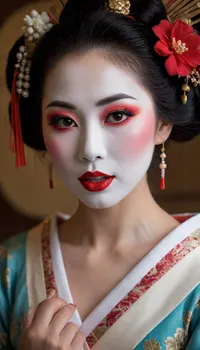 A happy geisha with full make up looking suggestively at me, (licking her lips:1)