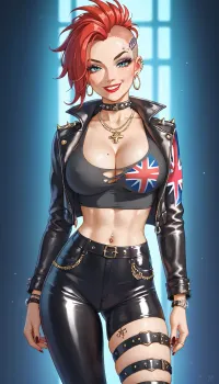 Punk woman, 22 year old young woman, standing in a busy nightclub, leather pants, leather jacket, ripped Union Jack shirt, red Mohawk, lipstick, slim waist, large tits, cleavage, large tattoo on leg and arm, Looking at viewer, sly smile, very voluptuous woman, discreet panty flash, <lora:cartoon_stickers_xl_v1:.8>, <lora:hentai_anime_style_xl_v1:.8>
