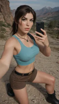 (Masterpice), (HD4K visual), (detailed background), 4K ultra-detailed image, HDR, enhancement, professional photography, clear face, detailed face, precise anatomy, (perfect symmetry), (5 fingers per hand), maximum resolution, sharp focus, NSFW, (Lora Croft from tomb raider:1.4), brown hair in a ponytail, athletic body, medium breasts, perky pointed breasts, blue crop top, blue short shorts, black boots, utility belt, posing sexually on a clif overooking a mountain valley, on a clifside, selfie, background is a mountain valley, ratatatat74, incase, style, Lara, Croft, elven, architecture, <lora:ratatatat74-000050:1.4>, <lora:Incase_Style__SDXL:1.4>, <lora:lara_croft_xl_v2:2>, <lora:EnvyElvishArchitectureXL01:1.4>