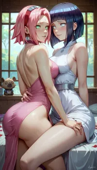 score_9, score_8_up, score_7_up, score_6_up, Naruto characters, (2girls), (Hyuuga hinata and Haruno Sakura), (Hinata Hyuuga, big ass, big boobs, long hair, blue hair, white eyes, white dress), (Haruno Sakura, slim ass, small boobs, short hair, green eyes, pink hair, pink dress), lesbian sex, <lora:hentai_anime_style_xl_v1:1>
