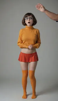 velma dinkley getting fucked violently by a big dick man, wearing thigh high socks and a orange turtleneck thats been pulled up to reveal her breasts, shocked and facial expression, big rounded and heavy tits, open mouth, velma dinkley, full body view