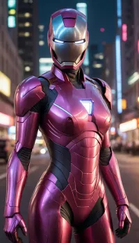futuristic, in town, night, neons, female Ironman, chrome colour, pink armor, (no hair), helmet with visor, masked face