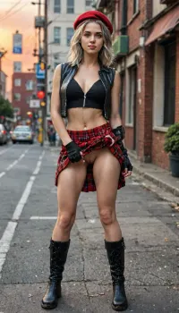 8k, score_9, score_8_up, score_7_up, FILM PHOTOGRAPHY STYLE, cinematic photography of a woman, professional portrait photo realism, alisa ilinichina amiella, gray hair topped by a red beret, She wears a, sleeveless black jacket that covers her chest with the zipper only halfway closed from up to down, exposing her midriff and some cleavage, and a checkered red skirt, She uses black, fingerless gloves, the left of which extends to her elbow, and black thigh-length boots fill out the rather revealing ensemble she wears, opening your legs, lifting the skirt slightly, winking, on the rooftop of a ruined building, orange sky, a lot of vaginal juices are dripping from pussy, (no panties:1.3), (no underwear:1.3), shaved pussy, pussy peek, full body view, <lora:detailed_notrigger:2>, <lora:LCMTurboMix_Euler_A_fix:1>