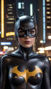 futuristic, in town, night, Batgirl, chrome colour, (no hair), helmet with visor, masked face, cape, (the black eye tour:1.5), batmobile in background