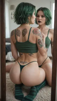 20 years old gothic woman with green hair. Tattooed. Piercings. Wearing a green tank top. Wearing a thong. Wearing green long socks. lipstick. Make up. Eye contact. Irish. Ass view in the mirror.