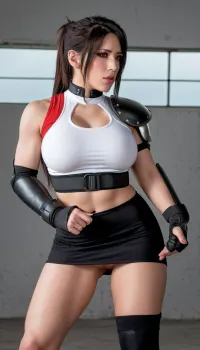 tifa, ((Red_eyes, gauntlet, elbow_pad, Black_skirt, White_crop_top)), bimbo, big, ass, tits, lips, suckingherownnipple, holding, her, breasts, sucking her own breasts, jelobreastsuck, self, breast, sucking, tongue